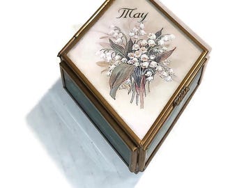 Vintage Stained Glass Trinket Box, Blue-Green Brass Footed Jewelry Storage