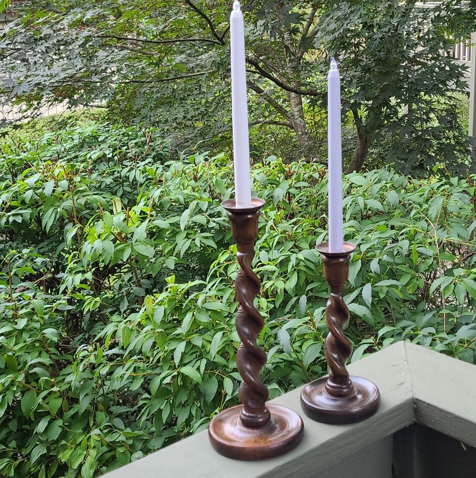 Wood Candlesticks Barley Twist Wood Candle Holders Set of Two, One Tall