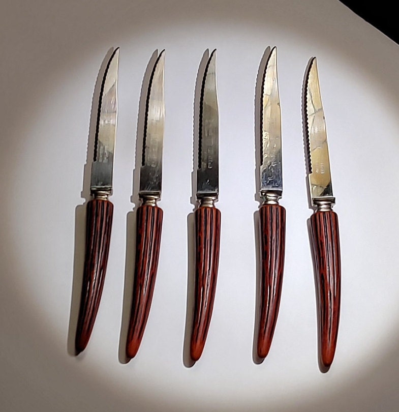 VTG 8 Steak Knives Gold Floral On Wood Stainless Steel Regent Sheffield  England