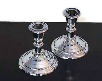 Candlesticks, Pair Short Silver Metal Candlestick Holders, Titanium Pigment Corporation Candleholders, in Nice Vintage Condition