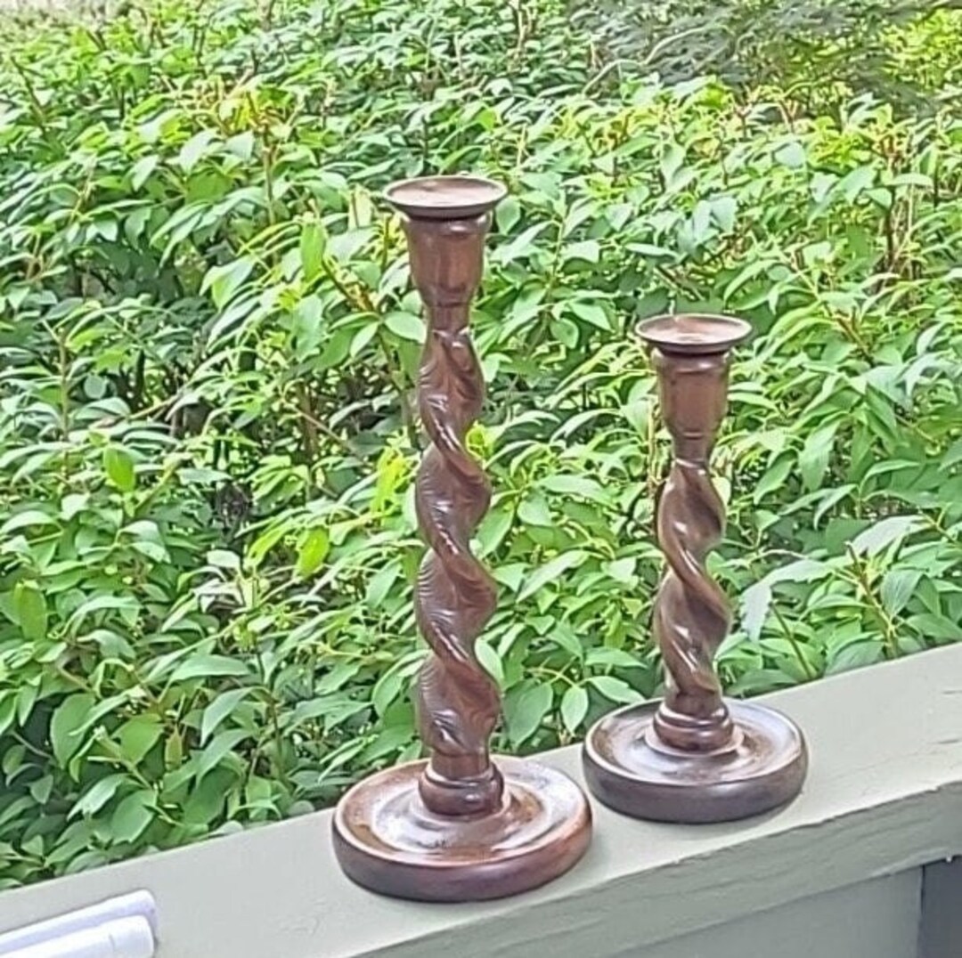 Wood Candlesticks Barley Twist Wood Candle Holders Set of Two, One Tall