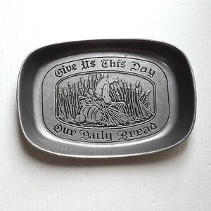 Vintage Wilton Armetale Bread Tray, "Give Us This Day" Harvest Scene, 9.5 x 6.5"