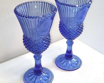 Vintage Cobalt Blue Goblets: Cameo Medallion Diamond Pattern Wine Glasses Set of 2