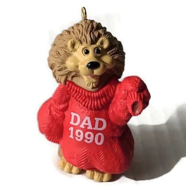 1990 HALLMARK Keepsake Ornament, Baby Lion wearing "DAD 1990" Large Red Sweater, Christmas - Vintage Christmas Tree Ornament.