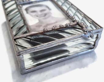 Vintage Beveled Glass Trinket Box with Photo Frame | Mirrored Keepsake Holder