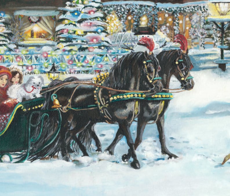 Horse and Sleigh in the Snow Art Print, Holiday Wall Decor, Christmas Lights Painting, Winter 