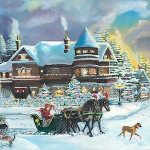 Horse and Sleigh in the Snow Art Print, Holiday Wall Decor, Christmas Lights Painting, Winter 