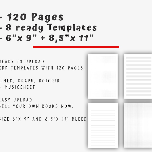8 x 120 Pages 6"x 9" and 8,5" x 11" Templates for KDP - No Content Templates Ready - Kindle Direct Publishing, Book Interior - STARTERSET