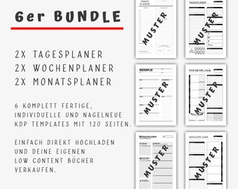 ALL 6 in BUNDLE - New Custom Planners in german - 120 Pages 6"x 9" KDP Template - Kindle Direct Publishing, Low Content Book Content.