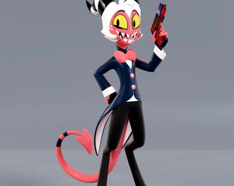 Puede incluir: Una figura estilizada de un personaje diablillo de piel rosada con cabello blanco, ojos amarillos y dientes afilados. La figura viste una chaqueta de esmoquin azul oscuro, una pajarita rosa y pantalones negros, sosteniendo una pistola roja.