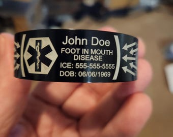 Custom Medical Alert Bracelet 3/4" Anodized Aluminum Cuff bracelet