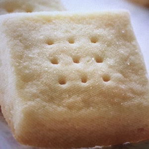 May include: A close-up of a plain, light brown, rectangular shortbread cookie with a pattern of small holes on the top.