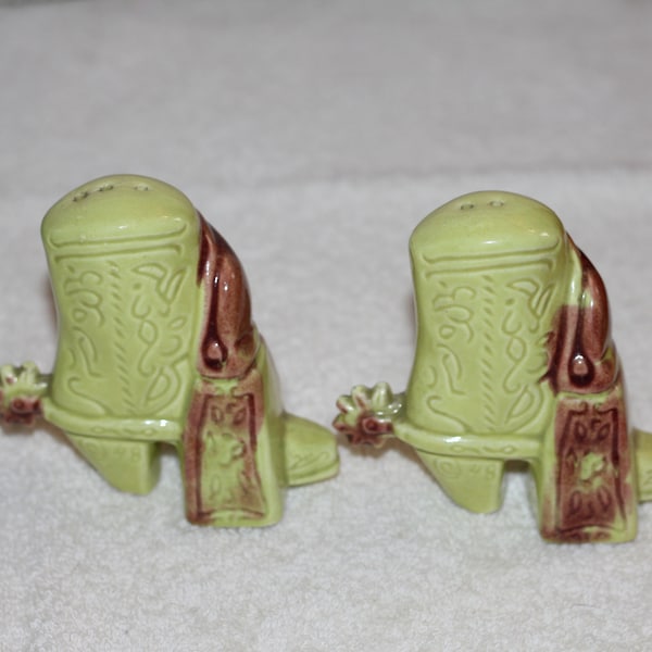 Vintage Lime Green and Light Brown Cowboy Boots Salt & Pepper Shakers No Labels or Markings