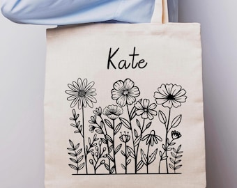 Personalized Flower Canvas Tote Bag, Custom Name Tote Bag, Birthday Gift Tote Bag for Her, Womens Tote Shopping Bag, Bridesmaid Tote Gift