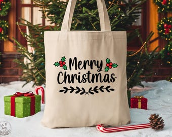 Merry Christmas Canvas Tote Bag, Holiday Gift Bag, Reusable Shopping Bag, Eco Friendly Christmas Accessory, Festive Present Sack