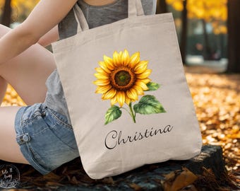 Sonnenblumen-Einkaufstasche, personalisierte Blumentasche, Blumengeburtstagsgeschenk, umweltfreundliche wiederverwendbare Tasche, Brautjungfer-Einkaufstasche, Hochzeitsgeschenk