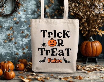 Personalized Halloween Bag for Trick or Treating, Kids Halloween Tote Bag with Name, Canvas Tote Bag for Halloween Candy, Pumpkin Tote Bag