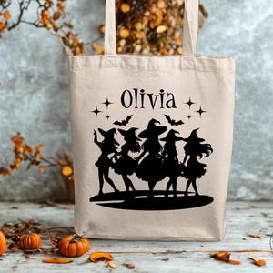 Kids Trick or Treat Bag, Girls Personalized Halloween Tote Bag, Witch Tote, Canvas Tote for Halloween Candy, Reusable Trick or Treat Tote
