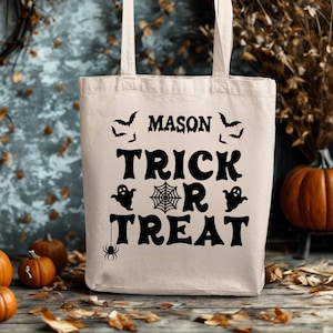 Kids Trick or Treat Bag, Personalized Halloween Tote Bag, Canvas Tote Bag for Halloween Candy, Reusable Trick or Treat Tote