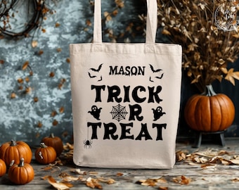 Personalized Trick or Treat Bag, Kids Halloween Tote Bag with Name, Canvas Tote Bag for Halloween Candy, Reusable Trick or Treat Bag