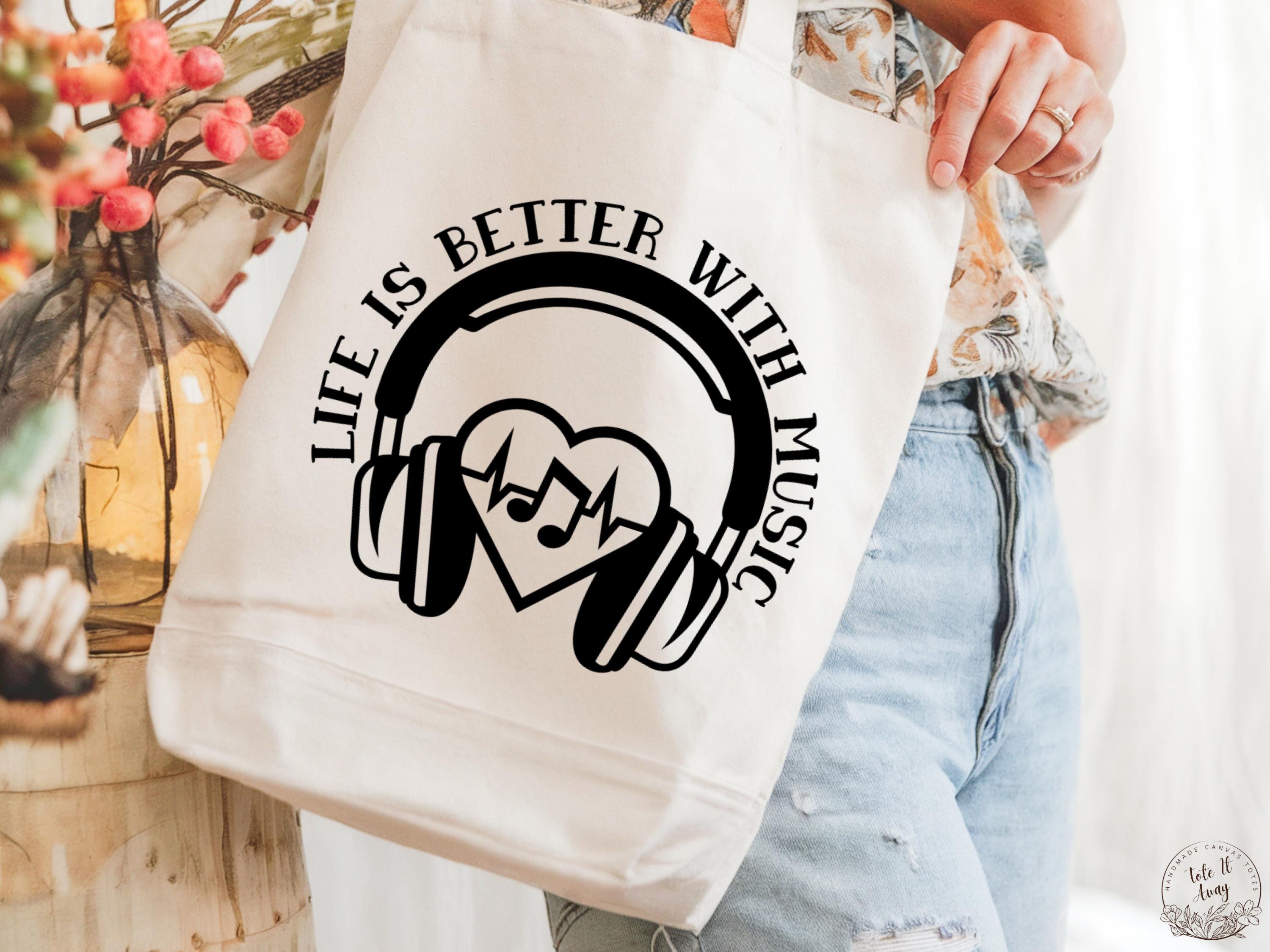 Music Lover Canvas Tote Bag, Custom Headphone Bag, Musical Gifts 