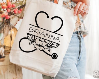 Personalized Nurse Tote Bag, Custom Name Canvas Bag for Healthcare Worker, RN Graduation Gift, New Nurse Tote Bag, Floral Nurse Gift