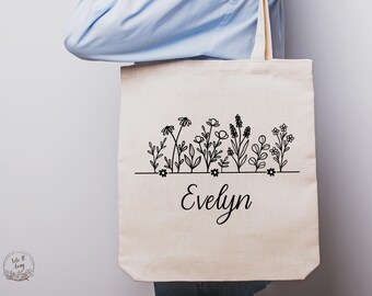 Personalized Wildflower Canvas Tote Bag, Custom Name Birthday Gift, Floral Bridal Party Favors, Bridesmaid Gifts