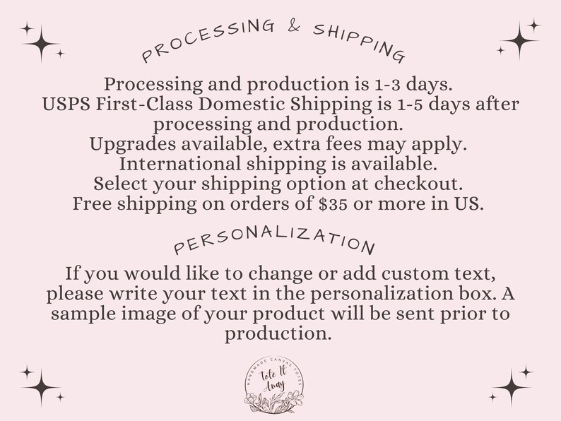 May include: A graphic with text outlining processing and shipping details for an online shop. The text covers production times, shipping options, and free shipping. The graphic also includes a section on personalisation, explaining how customers can add custom text to their orders.