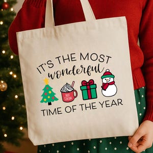 Christmas Tote Bag, It's the Most Wonderful Time of the Year Bag, Holiday Shopping Bag, Cute Xmas Tote, Reusable Gift Bag, Winter Tote