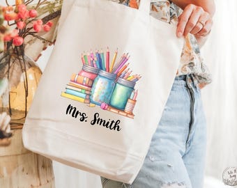 Personalized Teacher Tote Bag, Custom Name Teacher Canvas Tote, Back to School Tote, End of Year Teacher Gift, Teacher Appreciation Gift