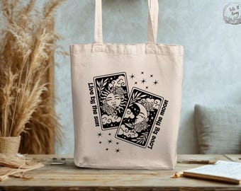 Live by the Sun Love by the Moon-draagtas, draagtas tarotkaart, hemelse canvas tas, esthetische tas Sun Moon, heksencadeau, spirituele boho-tas