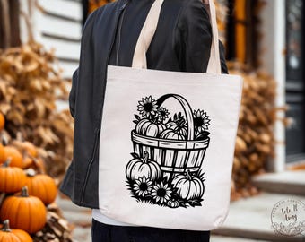 Womens Fall Tote Bag, Apple Picking Bag, Canvas Sunflower Tote Bag, Happy Fall Bag, Reusable Pumpkin Picking Tote, Autumn Tote Bag for Her