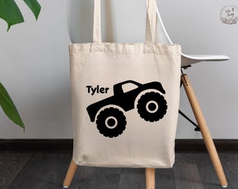 Personalisierte Monster Truck Tragetasche für Kinder, Jungen Buchtasche mit Namen, Tragetasche für die Schule, Monster Truck Geschenk