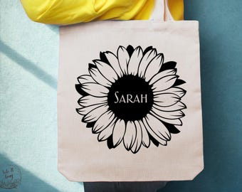 Personalisierte Sonnenblume Einkaufstasche mit Namen, benutzerdefinierte Blumenkamm Canvas Tote, wiederverwendbare Damen-Einkaufstasche, Geschenk für sie, Sonnenblume Geschenkidee
