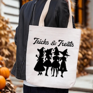 Trick or Treat Tote Bag, Halloween Tote Bag for Kid, Witch Tote Bag, Canvas Tote Bag for Halloween Candy, Girls Halloween Bag, Reusable Tote