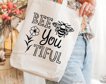Bee You Tiful tygväska, söt bi-tygväska, positiv affirmation, present till mental hälsa, naturblomma-tygväska, återanvändbar marknadsväska