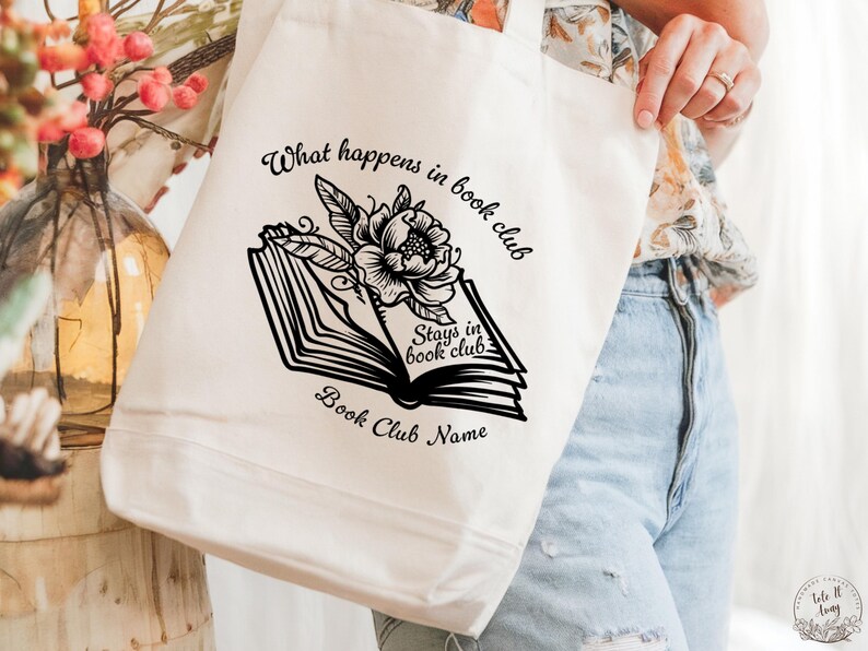 Personalized Book Club Tote Bag, What Happens in Book Club Tote, Custom Book Lover Gift, Funny Book Bag, Literary Club Gift, Reading Tote image 3