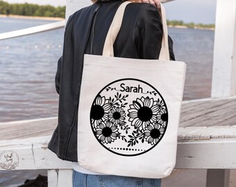 Personalisierte Blumen Canvas-Einkaufstasche mit Namen, wiederverwendbare Einkaufstasche mit Sonnenblumen, Geschenk für sie, Monogramm Eco Tote für Frauen