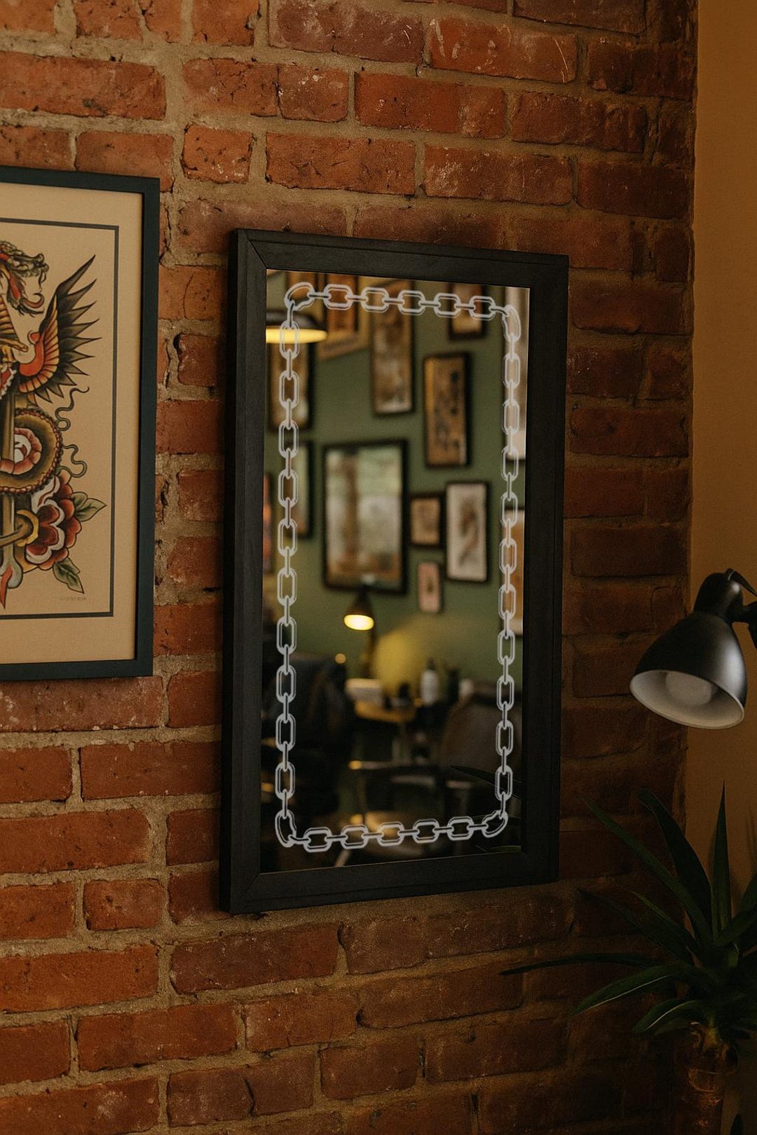 Large Engraved Mirror With Chain Design, Traditional Tattoo Inspired Art, Laser Engraved, Traditional Tattoo Decor, Bert Grimm Art