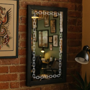 Large Engraved Mirror With Chain Design, Traditional Tattoo Inspired Art, Laser Engraved, Traditional Tattoo Decor, Bert Grimm Art