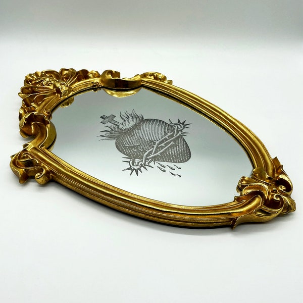 Engraved Glass Mirror With Sacred Heart Design, Sacred Heart Artwork, Laser Engraved Mirror, Religious Decor, Christ Artwork, Sacred Heart