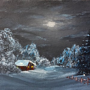 Winter Night Cabin Art Print: Acrylic Landscape Painting - Etsy
