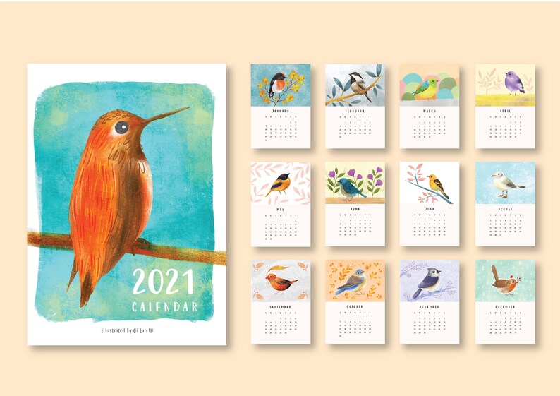 2021 Bird Calendar Monthly Printable Digital Download Wall Etsy
