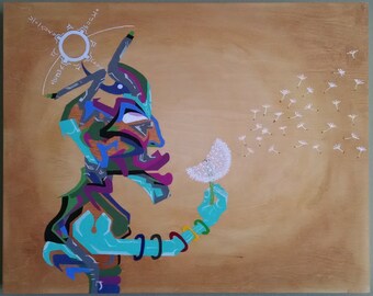 Puede incluir: Una figura abstracta colorida con una mano azul sosteniendo un diente de león blanco con semillas que se dispersan en el viento sobre un fondo marrón claro.