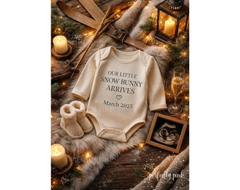 Ski Baby Announcement Template Holiday Pregnancy Reveal Editable Winter Baby Reveal New Baby Coming Soon snow Onesie Christmas Aspen lodge