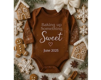 Gingerbread house Christmas Baby Announcement Template Holiday Pregnancy Reveal Editable Winter Baby Reveal New Baby Coming Soon Onesie cook