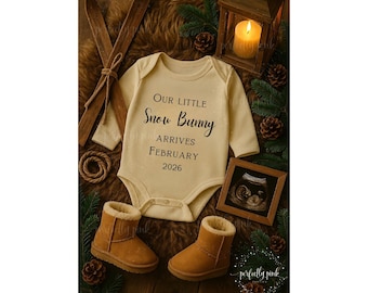Ski Baby Announcement Template Holiday Pregnancy Reveal Editable Winter Baby Reveal New Baby Coming Soon snow Onesie Christmas Aspen lodge
