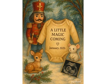 Woodland Nutcracker Baby Announcement • Winter Pregnancy Reveal • January 2026 Baby • Neutral Gender Reveal • Magical Forest Onesie Announce