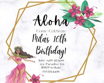 Aloha Luau Hawaii Birthday Party Invitation Hula Girl Flowers hibiscus plumeria invitation square digital download print watercolor paint