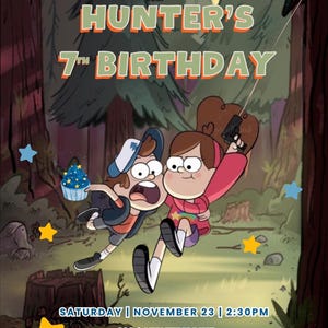 Mabel Dipper uitnodiging verjaardagsfeestje tv-show kinderen tiener uitnodigen Bill Cipher aanpasbare digitale download verjaardagsfeestje Oregon Gravity kaart